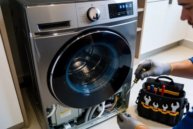Washing machine service charges — technician explaining the fixed repair quote at a customer home